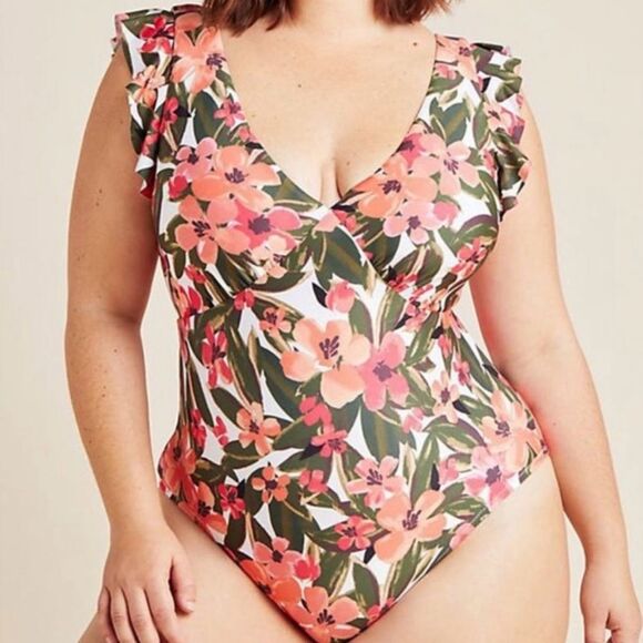 Anthropologie Size 1X Floral One Piece Swimsuit V Neckline Ruffle Cap sleeves - Picture 1 of 9